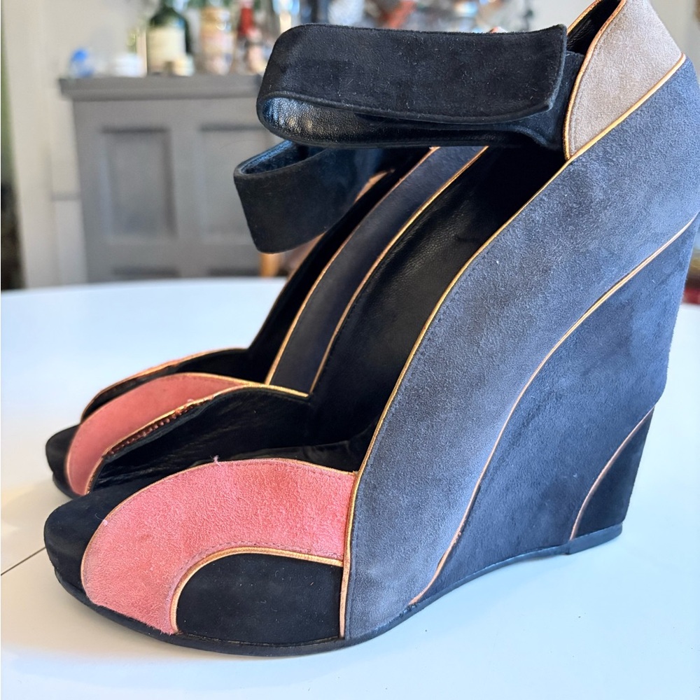 Pierre Hardy Black and Pink Suede Wedges
